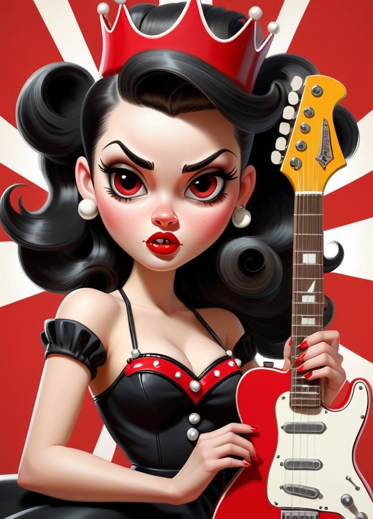 Prompt: Stylized, retro-themed illustration featuring a 'Rockabilly Girl' with a prominent 1950s aesthetic. The layout is centered around a cartoonish female character with pale skin, large expressive eyes, and a voluminous black pompadour hairstyle adorned with a small skull accessory. She is depicted holding a red electric guitar with a black pickguard and white details. The background is black with red, white, and yellow accents, including a large red crown and starburst designs. The text 'Old School' is prominently displayed in a bold, cursive font with a red and white color scheme, while 'Rockabilly Girl' is written in a blocky, white font at the bottom. Additional text includes 'Betty Cool's' and 'Electric' in smaller fonts. The overall style is reminiscent of vintage rock and roll posters.