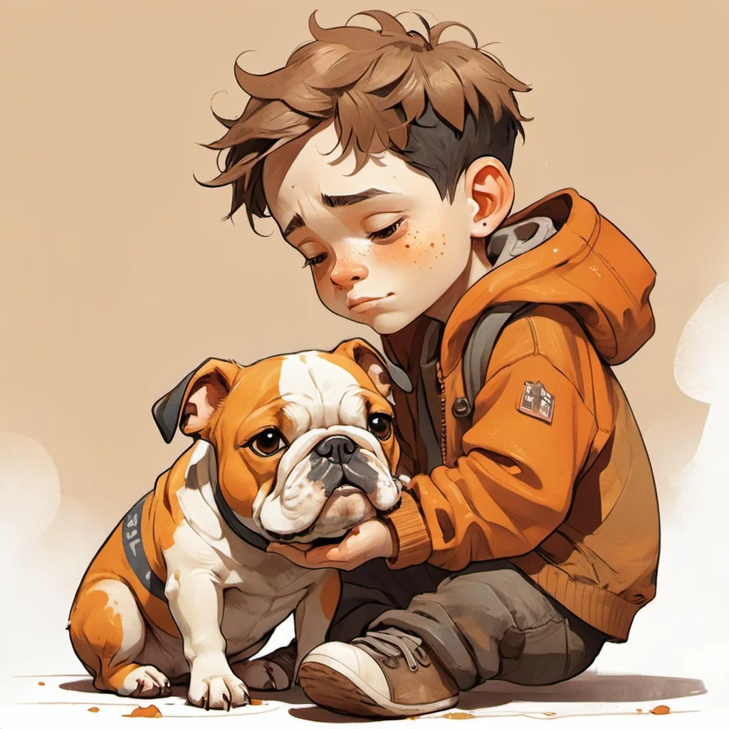 Prompt: character design of homeless boy petting a small chibi bulldog, close up illustration by demizu posuka warm colors orange values