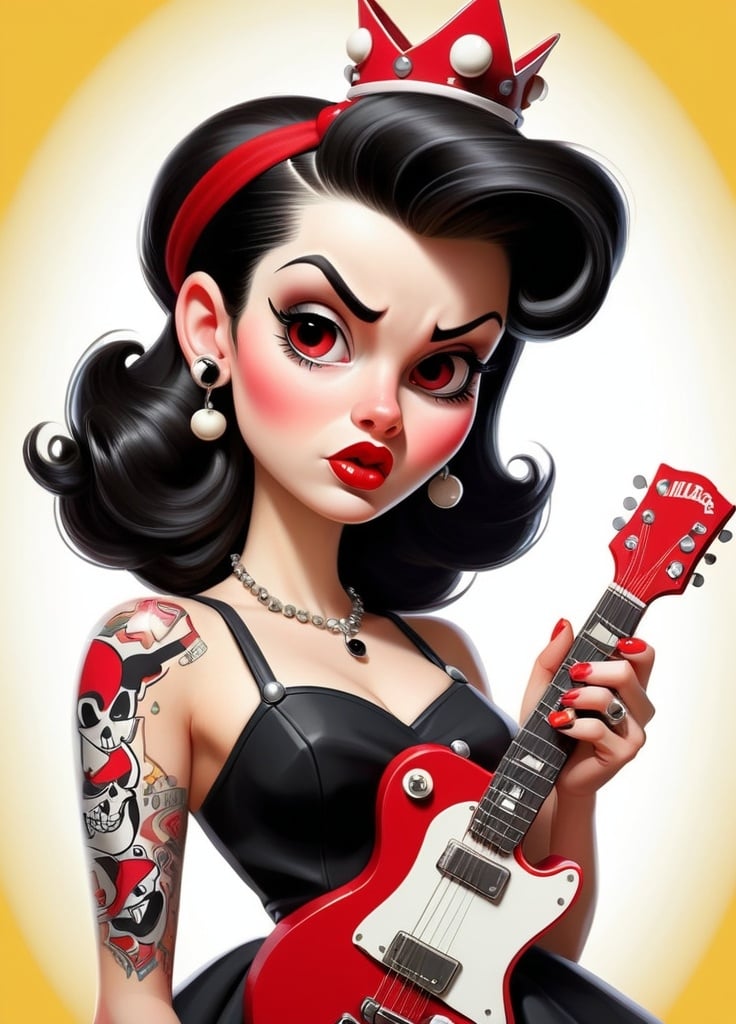 Prompt: Stylized, retro-themed illustration featuring a 'Rockabilly Girl' with a prominent 1950s aesthetic. The layout is centered around a cartoonish female character with pale skin, large expressive eyes, and a voluminous black pompadour hairstyle adorned with a small skull accessory. She is depicted holding a red electric guitar with a black pickguard and white details. The background is black with red, white, and yellow accents, including a large red crown and starburst designs. The text 'Old School' is prominently displayed in a bold, cursive font with a red and white color scheme, while 'Rockabilly Girl' is written in a blocky, white font at the bottom. Additional text includes 'Betty Cool's' and 'Electric' in smaller fonts. The overall style is reminiscent of vintage rock and roll posters.