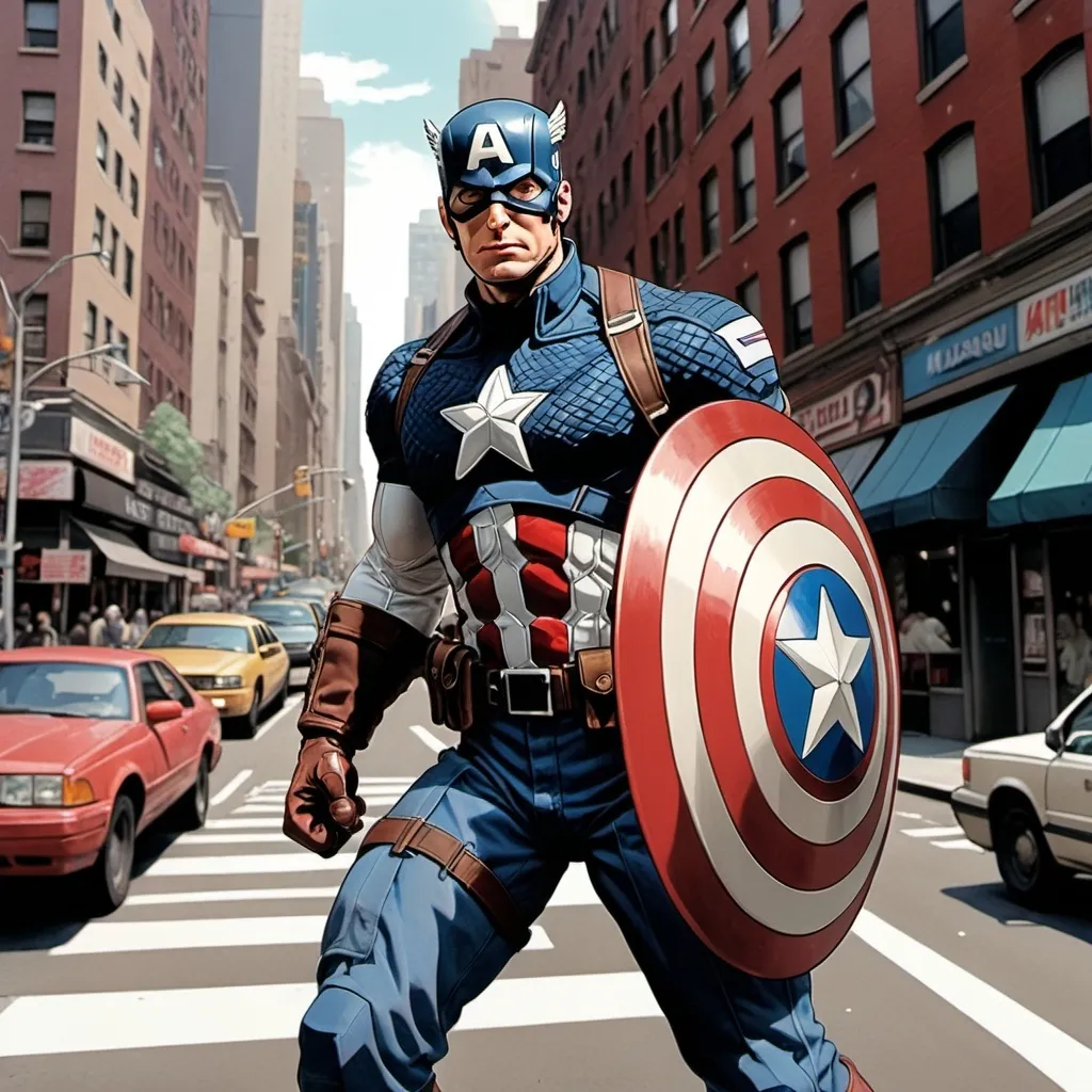 Prompt: ((90's anime style)), ultra detailed illustration of Captain America with shield in New York 1990s ((art by Masakazu Katsura)), trigun, DNA², Ranma, ultra detailed face, bold ink lines, cel shaded, art by MSchiffer, soft muted colors, lomography colors, vintage warm, dark vignette