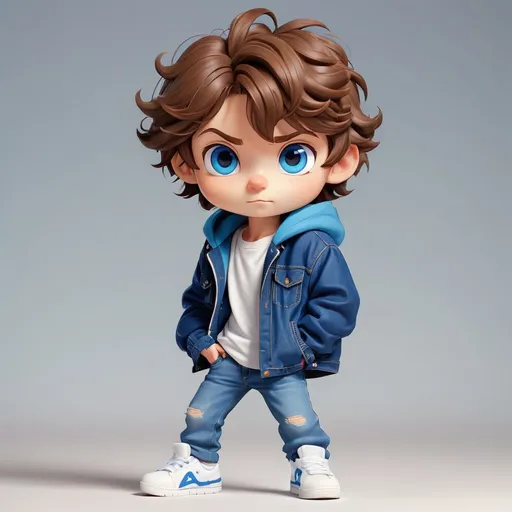 Prompt: chibi, 1boy, wavy brown hair, blue eyes, white t-shirt, oversized blue jacket, blue jeans, white sneakers
