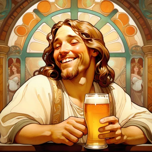 Prompt: 1male, Jesus enjoying a glass of beer, happy, (slightly) fat, smiling, pub background