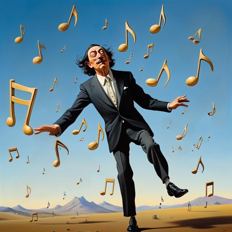 Prompt: dali style
 music notes chasing a man