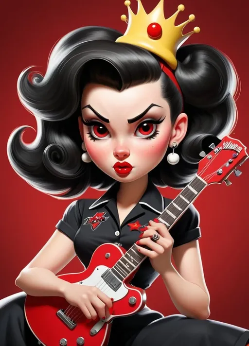 Prompt: Stylized, retro-themed illustration featuring a 'Rockabilly Girl' with a prominent 1950s aesthetic. The layout is centered around a cartoonish female character with pale skin, large expressive eyes, and a voluminous black pompadour hairstyle adorned with a small skull accessory. She is depicted holding a red electric guitar with a black pick guard and white details. The background is black with red, white, and yellow accents, including a large red crown and starburst designs. The text 'Old School' is prominently displayed in a bold, cursive font with a red and white color scheme, while 'Rockabilly Girl' is written in a blocky, white font at the bottom. Additional text includes 'Betty Cool's' and 'Electric' in smaller fonts. The overall style is reminiscent of vintage rock and roll posters.