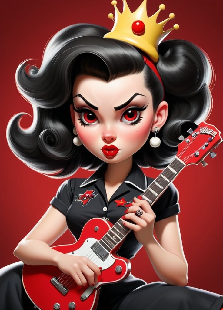 Prompt: Stylized, retro-themed illustration featuring a 'Rockabilly Girl' with a prominent 1950s aesthetic. The layout is centered around a cartoonish female character with pale skin, large expressive eyes, and a voluminous black pompadour hairstyle adorned with a small skull accessory. She is depicted holding a red electric guitar with a black pick guard and white details. The background is black with red, white, and yellow accents, including a large red crown and starburst designs. The text 'Old School' is prominently displayed in a bold, cursive font with a red and white color scheme, while 'Rockabilly Girl' is written in a blocky, white font at the bottom. Additional text includes 'Betty Cool's' and 'Electric' in smaller fonts. The overall style is reminiscent of vintage rock and roll posters.