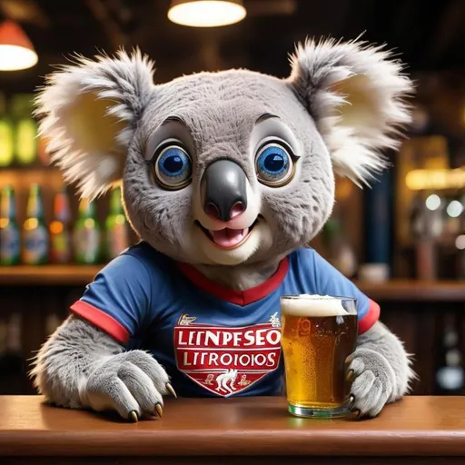 Prompt: a anthropomorphic koala with large eyes having  in a bar wearing a liverpool t-shirt 