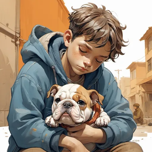 Prompt: character design of homeless boy petting a small chibi bulldog, close up illustration by demizu posuka warm colors blue values