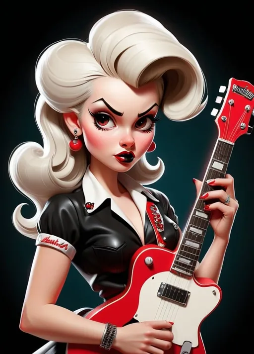 Prompt: Stylized, retro-themed illustration featuring a 'Rockabilly Girl' with a prominent 1950s aesthetic. The layout is centered around a cartoonish female character with pale skin, large expressive eyes, and a voluminous black pompadour hairstyle adorned with a small skull accessory. She is depicted holding a red electric guitar with a black pick guard and white details. The background is black with red, white, and yellow accents. The text 'Old School' is prominently displayed in a bold, cursive font with a red and white color scheme, while 'Rockabilly Girl' is written in a blocky, white font at the bottom. Additional text includes 'Betty Cool's' and 'Electric' in smaller fonts. The overall style is reminiscent of vintage rock and roll posters.