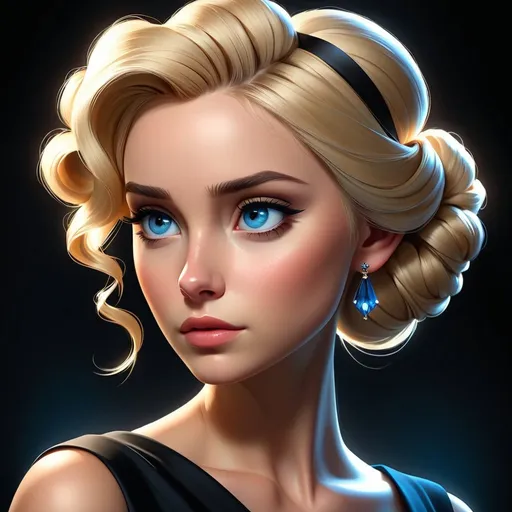 Prompt: digital art, female portrait, realistic 3D illustration, blue eyes, blonde hair, elegant updo, soft lighting, contemplative expression, dark background, subtle makeup, high-resolution, detailed texture, emotional depth, dramatic mood, classic black dress, side profile, serene atmosphere, cinematic lighting.