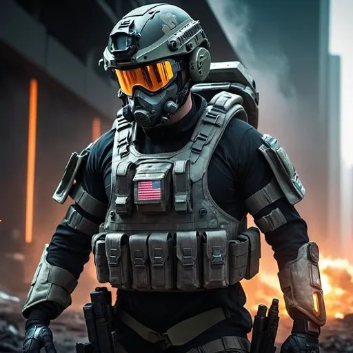 Prompt: (U.S. Army medic) on a futuristic battlefield, advanced combat gear, military medical equipment, (futuristic armor and helmet), vibrant LED displays, metallic surfaces, high-tech scenery, explosions in background, (intense action), (cinematic lighting), (dramatic shadows), cool tones with splashes of neon, ultramodern weapons, war-torn environment, holographic interfaces, (ultra-detailed), (4K resolution), gritty atmosphere, (cinematic depth of field), sci-fi elements, highly realistic textures, dynamic movement, epic scale.