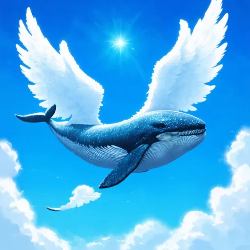 Prompt: (whale with white angel wings), floating gracefully in the azure sky, fluffy white clouds surrounding, ethereal atmosphere, bright sunlight illuminating the scene, dreamlike quality, whimsical feel, soft edges, high-resolution, vibrant colors, serene ambiance, captivating and magical.