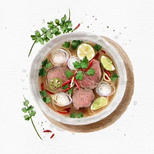 Prompt: pho bo with  beef slices, cilantro, onion, chili pepper, lime in a minimalist style illustration on a white background