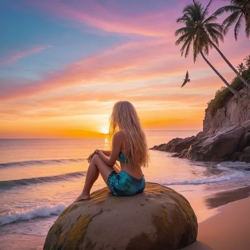 Prompt: Beautiful blond woman sitting at the top of the rock in the sea looking at sunset, sky is orange, pink and yellow and blue and far in distance you can see the galaxy. Magic colors, long hair. Hippie, peace giving vibes. Beach, palmtrees, coconuts, another mermaids enjoying life and beauty of nature. There is also beautiful fish jumping out of the sea and birds flying in the sky. Sand on the beach is orange yellow from the sunse