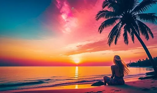 Prompt: Beautiful blond woman sitting at the top of the rock in the sea looking at sunset, sky is orange, pink and yellow and blue and far in distance you can see the galaxy. Magic colors, long hair. Hippie, peace giving vibes. Beach, palmtrees, coconuts, another mermaids enjoying life and beauty of nature. There is also beautiful fish jumping out of the sea and birds flying in the sky. Sand on the beach is orange yellow from the sunse