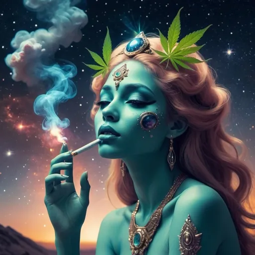 Prompt: goddess creature looking at the galaxy from far away smoking weed, looking angelic and beautiful 