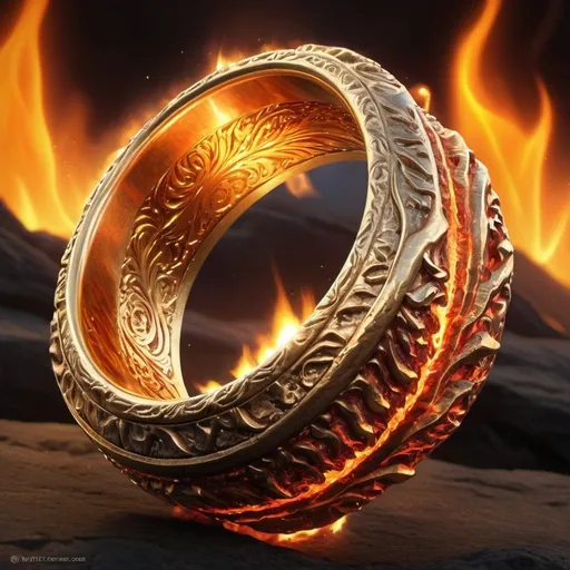 Prompt: Flaming gold ring, fiery details, realistic, intense lighting, intricate design, high quality, fantasy, heavy metal album cover, epic lighting, detailed flames, professional, atmospheric, heavy metal, detailed engravings, fiery, intricate details, hardcore fantasy, ashlands, volcano, magma, intense glow, detailed engravings, epic, intricate, epic lighting