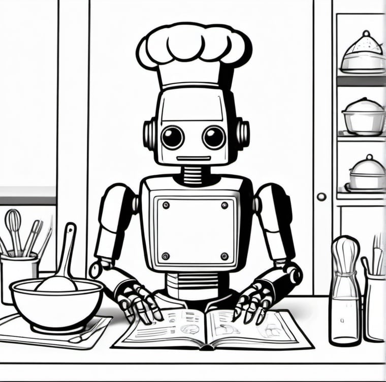 Prompt: I am preparing a coloring book with only an outline. Let's imagine a robot wearing a chef's hat looking at a recipe book without a background. Let it consist only of black and white lines. To be used in children's book