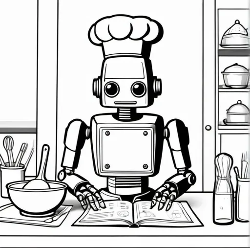 Prompt: I am preparing a coloring book with only an outline. Let's imagine a robot wearing a chef's hat looking at a recipe book without a background. Let it consist only of black and white lines. To be used in children's book