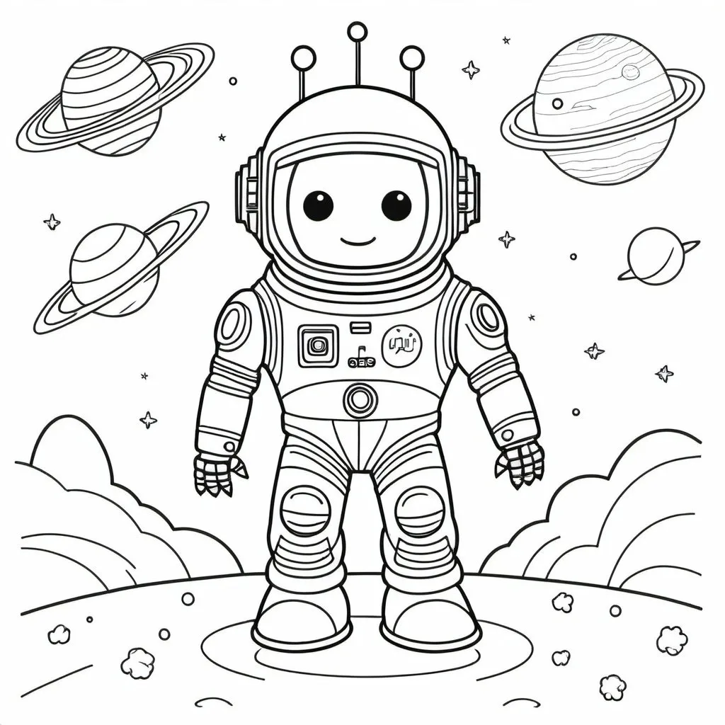 Prompt: Coloring book page with image of astronaut robot and space. Simple and minimal cartoon drawings. Let there be no shadow.