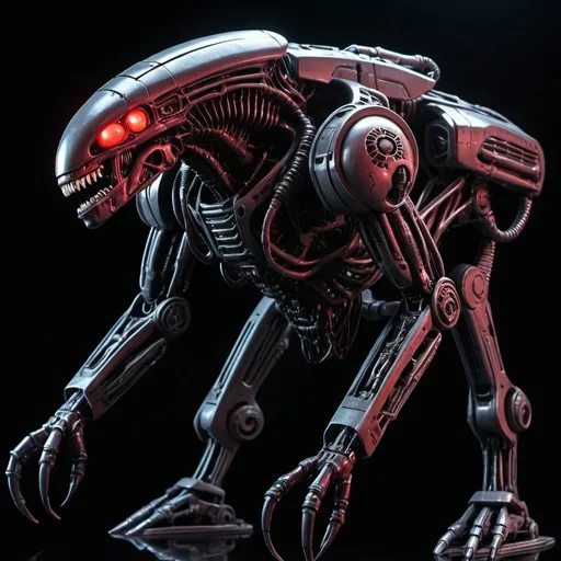 Prompt: Xenomorph-Ed-209 hybrid, biomechanical materials, menacing presence, high quality, sci-fi horror, dark and metallic tones, ominous red lighting, detailed exoskeleton, futuristic dystopian setting, alien robotics, deadly and imposing, cybernetic horror, ultra-detailed, biomechanical, menacing, dark tones, red lighting, futuristic, dystopian, alien, deadly