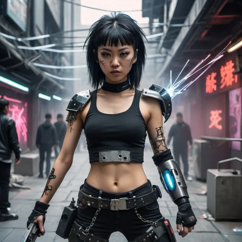 Prompt: a young long straight black haired punk Asian woman casting a mix of shuriken and laser circular saw in a cyber punk environment where pedestrians have prosthetic weapons integrated in their arms