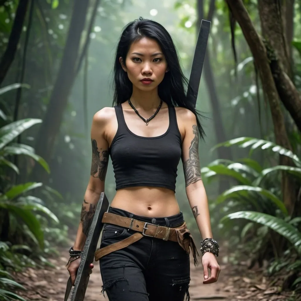 Prompt: A young long straight black haired punk Asian woman walking through the Maya jungle, holding a cyber machete