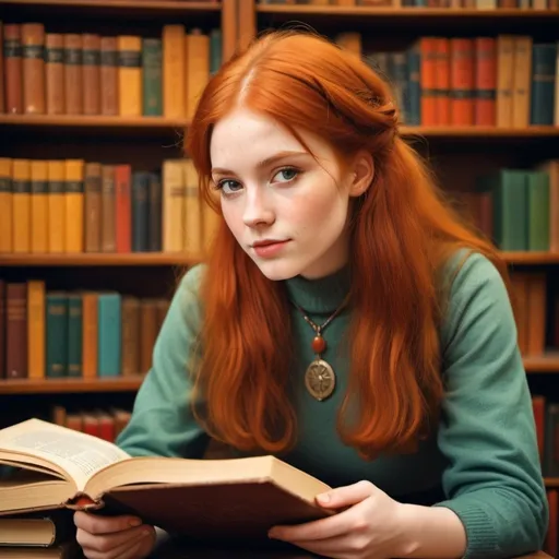 Prompt: Idealistic redhead student immersed in 1970s London, vintage academic setting, warm and nostalgic atmosphere, detailed facial features, vibrant red hair, vintage fashion, cozy study environment, book-filled shelves, natural light pouring in, high quality, vintage, warm tones, detailed facial features, redhead, student, cozy ambiance, 1970s, academic setting, vintage fashion, warm lighting, druidic influence, hippie 