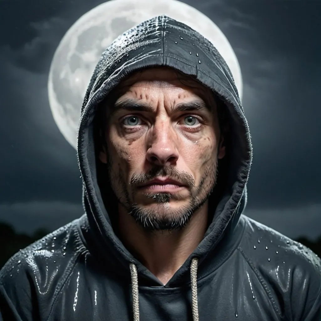 Prompt: A mid forties,two thirds jaguar one third human humanoid, head up high, with beard and rather sad expression, wearing an old raggy dark blackish hoody under a rainy full moon night