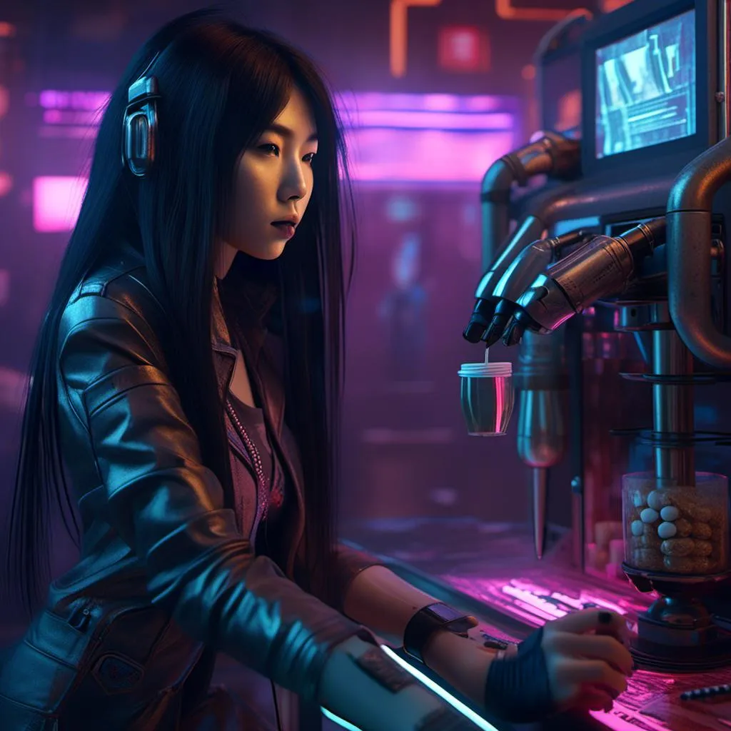 Prompt: <mymodel>futuristic coffee-machine

Punk Asian woman with long straight black hair, geeking around on holographic display, dusty room, black mamba in gothic bottle, swallowing blackish pill, holographic display, futuristic cyberpunk setting, detailed facial features, 3D rendering, highres, ultra-detailed, cyberpunk, dark tones, futuristic lighting, eerie atmosphere, gothic accents, intense expression, professional rendering