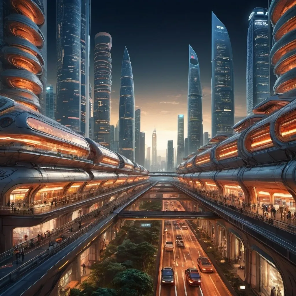 Prompt: Futuristic cityscape of Xinjiapei, Earth-Mars hybrid, publicly operated wormhole system, high-tech infrastructure, bustling streets, fusion of Singapore and Taipei, advanced transportation system, urban development, innovative architecture, city lights casting a warm glow, professional, highres, ultra-detailed, sci-fi, cyberpunk, futuristic buildings, bustling streets, urban development, warm tones, modern lighting