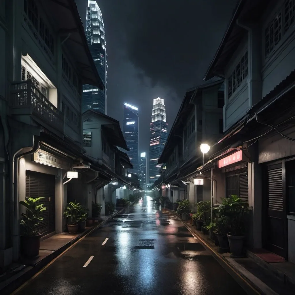 Prompt: A dark street of Singapore in 2060
