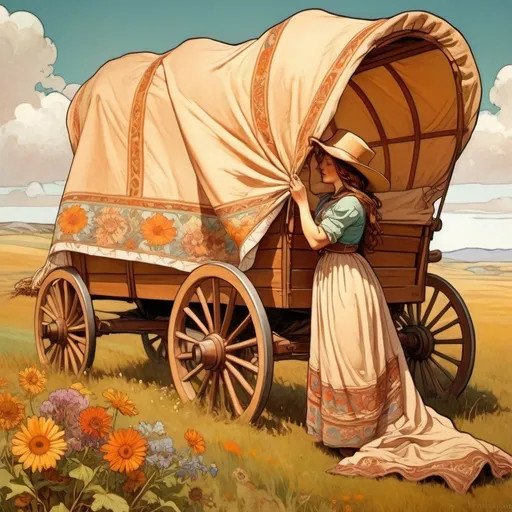 Prompt: A covered wagon on the prairie. A pioneer woman hanging a quilt to dry in the wind.
