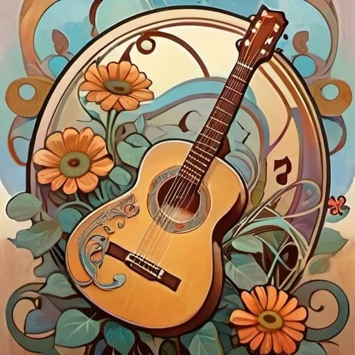 Prompt: a guitar outdoors with flowers. Music notes drifting up
