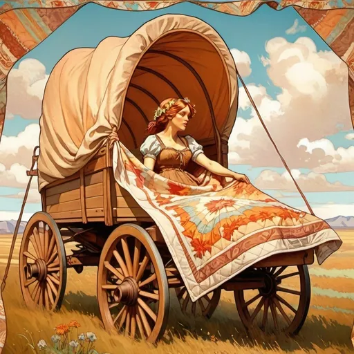 Prompt: A covered wagon on the prairie. A pioneer woman hanging a quilt to dry in the wind.
