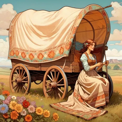 Prompt: A covered wagon on the prairie. A pioneer woman hanging a quilt to dry in the wind. Add quilts hanging on a clothesline in background.
