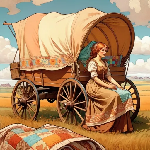 Prompt: A covered wagon on the prairie with a pioneer woman hanging a quilt to dry in the wind
