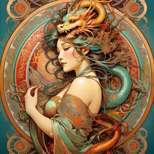 Prompt: Alphonse Mucha Style, Chinese dragon , ancient runes for joy, wealth and victory, intricate details, beautiful colors