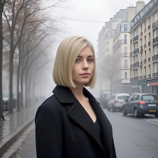 Prompt: 25 years old, french female, blonde hair, a straight bob, mid-length cut, straight and blonde hair,black coat, foggy street in the background, photorealistic, nikon photography, short focal f/1.5.