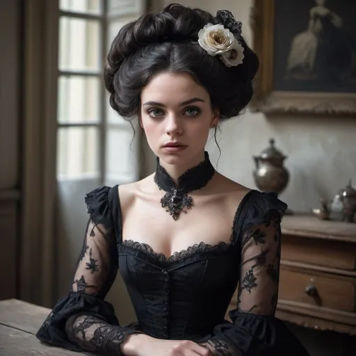 Prompt: Dans l'image, on voit une femme avec une esthétique gothique, assise à une table dans une pièce qui semble appartenir à une maison ancienne. Elle a une coiffure volumineuse et désordonnée de couleur noire avec une fleur sombre insérée sur le côté gauche. Ses yeux sont agrandis par un maquillage intense, avec des cils longs et de grosses larmes noires dessinées sous les yeux.

Elle porte une robe à manches longues noire, avec des détails de tissu plissé et froncé au niveau du cou et des manches, ainsi qu'une broche ornée au milieu de son cou. Ses mains sont gantées de noir, avec les ongles peints en bleu sombre. Elle porte aussi une bague sur l'annulaire de sa main droite.

La femme est penchée légèrement en avant, les coudes posés sur la table, et ses mains touchent doucement une photographie, suggérant une attitude de contemplation ou de tristesse. Sur la table, on peut voir quelques pièces de monnaie éparpillées, une bougie éteinte avec un peu de cire coulée sur le côté et ce qui semble être une vieille photographie en noir et blanc qu'elle tient du bout des doigts.

L'arrière-plan est flou, mais on distingue un canapé victorien avec des coussins, et l'ambiance générale est sombre et mélancolique, avec une lumière tamisée qui renforce l'atmosphère introspective et un peu surannée de la scène.