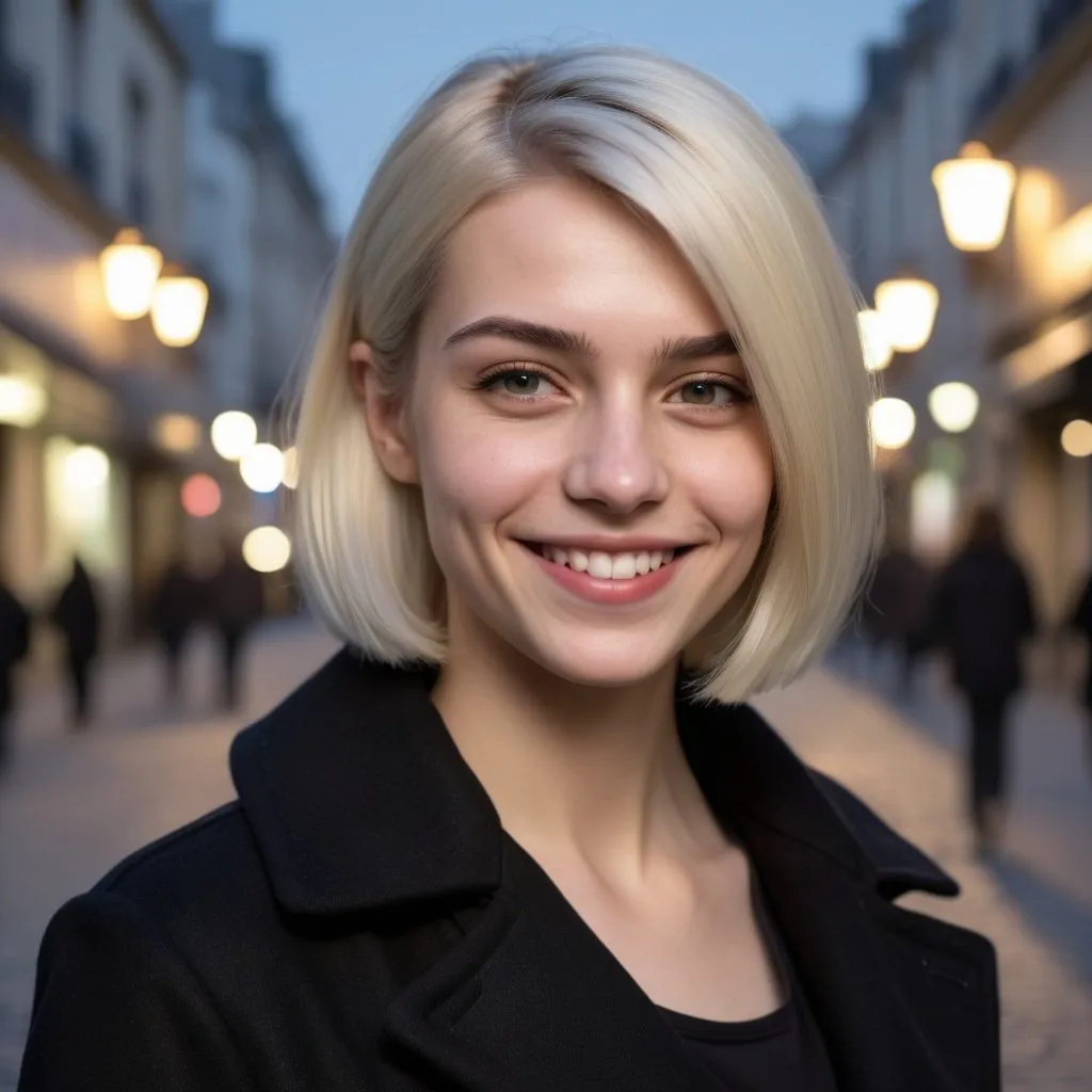 Prompt: 25 years old, french female, smiling slightly at me, platinum blonde hair, a straight bob, mid-length cut, straight, black coat, twilight light, street in the background, photorealistic, Nikon photography, short focal f/1.5.