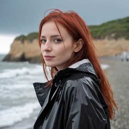 Prompt: 25 years old, french female, red hair, black raincoat, rainy day on the sea side.