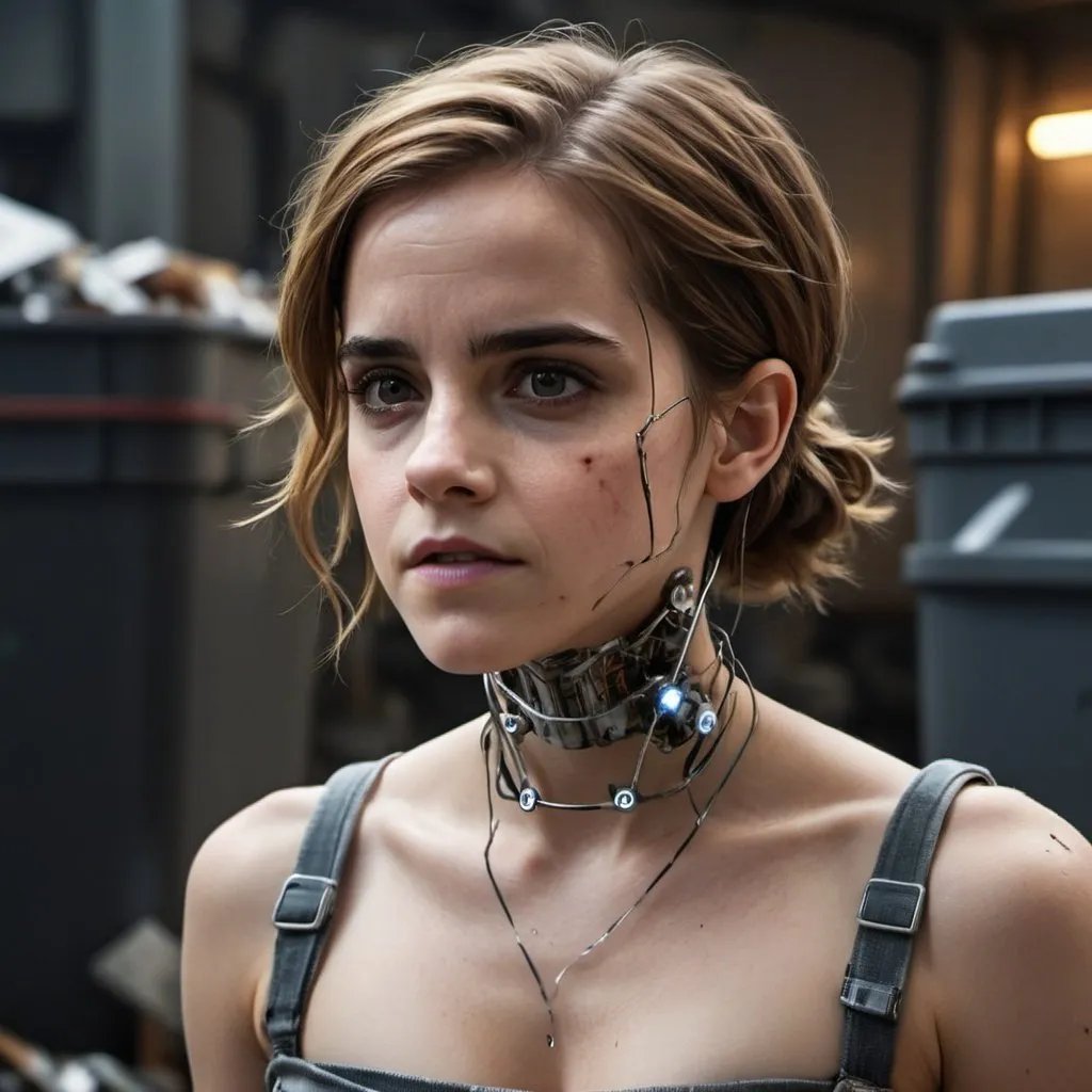 Prompt: Please create a picture of broken cyborg female Emma Watson, thrown in the garbage, destroyed, rust, mechanical, wires, photography, detailed skin, realistic, photo-realistic, 8k, highly detailed, full length frame, High detail RAW color art, diffused soft lighting, shallow depth of field, sharp focus, nikon, f/1.5 hyperrealism, cinematic lighting