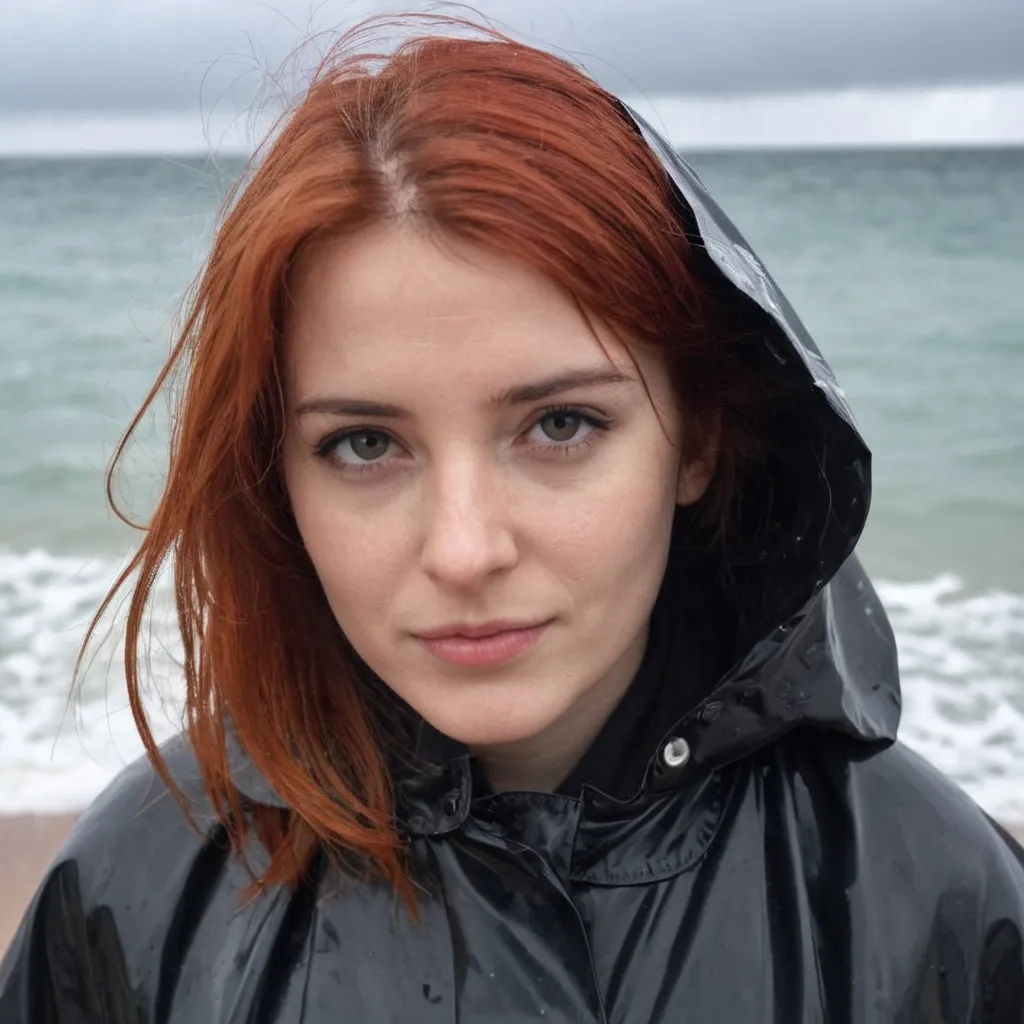 Prompt: 25 years old, french female, red hair, black raincoat, rainy day on the sea side.