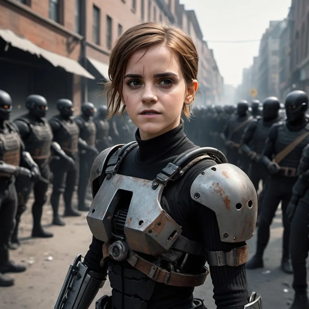 Prompt: Please create a picture of broken cyborg female Emma Watson. She is standing on a barricade and waving a black flag. Male and female cyborgs are following her on the barricade. This is start of a riot. Destroyed, rust, mechanical, wires, photography, detailed skin, realistic, photo-realistic, 8k, highly detailed, full length frame, High detail RAW color art, diffused soft lighting, shallow depth of field, sharp focus, nikon, f/1.5 hyperrealism, cinematic lighting