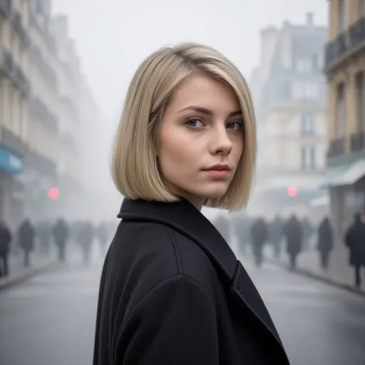 Prompt: 25 years old, french female, blonde hair, a straight bob, mid-length cut, straight and blonde hair,black coat, foggy street in the background, photorealistic, nikon photography, short focal f/1.5.