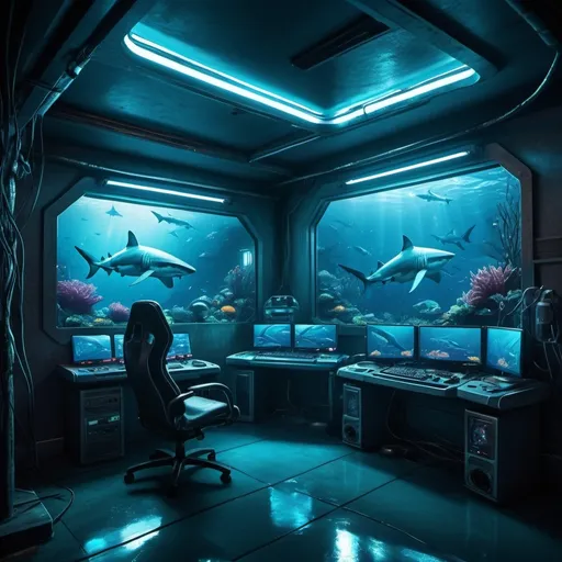 Prompt: Shark Gaming Lair, (high-tech futuristic design), cool blue tones, dramatic lighting, intense and foreboding atmosphere, retro gaming consoles, large computer screens, vibrant neon lights, underwater theme, sharks swimming outside through large glass walls, cyberpunk elements, neon accents on technology, HD, ultra-detailed environment, complex textures, deep ocean background, bioluminescent marine life outside, cinematic masterpiece, trending on artstation