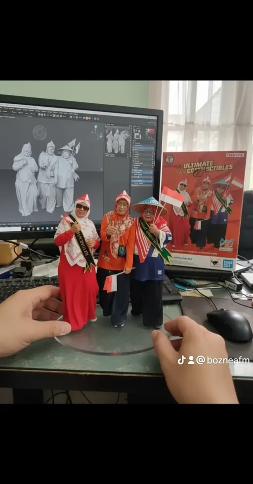 Prompt: gunakan skala model 1 / 24 dalam ilustrasi, dalam gaya dan lingkungan yang realistis tempat. gambar di meja komputer menggunakan dasar akrilik transparan melingkar tanpa teks apa pun. di layar komputer, tampilkan 3D proses pemodelan gambar. Di sebelah layar komputer,tempatkan mainan bergaya tamiya lalu gunakan model dua tangan mengangkat tinggi akrilik tamia dengan gerakan sedikit memutar produk . kotak kemasan di cetak dengan aslinya karya seni resolusi 8k realistis.