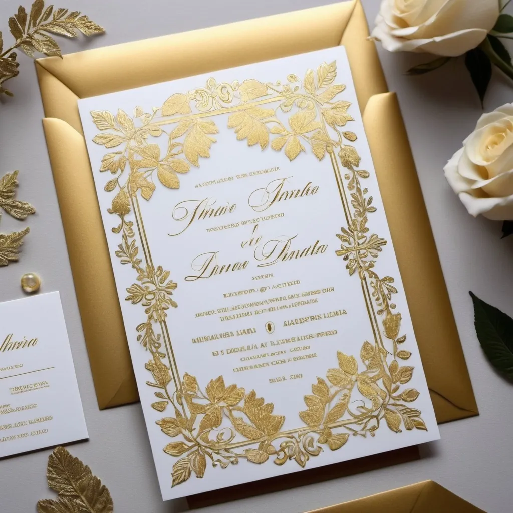 Prompt: Invitaciones para Bodas:
Detalles: Invitaciones impresas en hojas de acrílico transparente con tinta blanca o dorada.
Tipografía: Tipografía elegante y limpia.
Colores: Transparente con detalles en dorado, plateado o blanco.