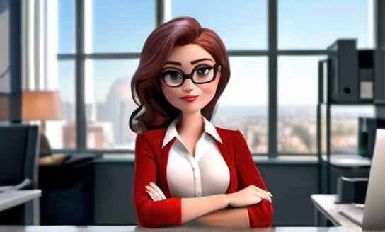 Prompt: A pixar photo of a beautiful young boss lady sitting at her desk in a modern office, with a PC on her desk. The office has large windows with a city view, stylish furniture, and contemporary décor. The boss lady is dressed in professional attire, with a confident and composed expression, exuding leadership and poise, 3D render