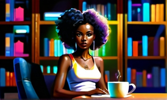 Prompt: A woman sits at a desk with a laptop computer and a cup of coffee in front of her, with a bookcase in the background.  afrofuturism, depicted in a highly detailed digital painting style. The woman has dark skin, with a futuristic hairstyle, and wears modern yet culturally inspired clothing. 